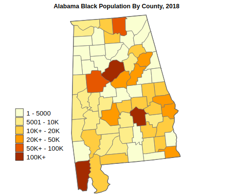 Alabama Black or African American Population By County, 2018