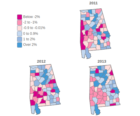 Alabama Black Population Yearly Growth By County, 2010-2018