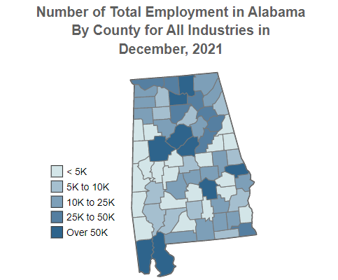 Alabama Number 
                                  of Total Employment for All Industries 
                                  By County December, 2021 (QCEW)