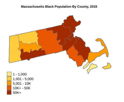 Massachusetts Black or African American Population By County, 2018