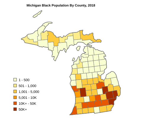 Michigan Black or African American Population By County, 2018