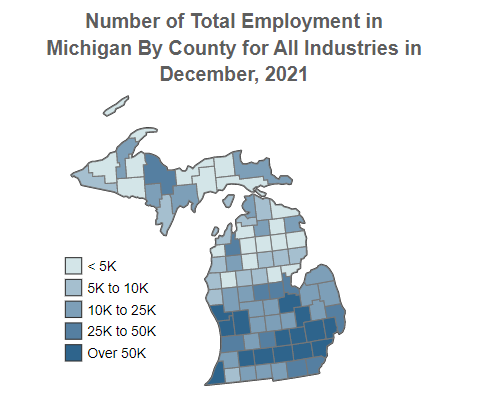 Michigan Number 
                                  of Total Employment for All Industries 
                                  By County December, 2021 (QCEW)