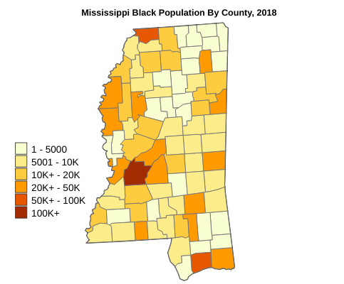 Mississippi Black or African American Population By County, 2018