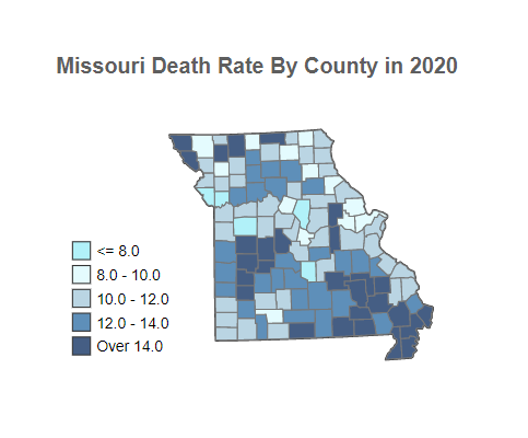 Missouri Death Rate By County in 2020