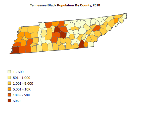 Tennessee Black or African American Population By County, 2018