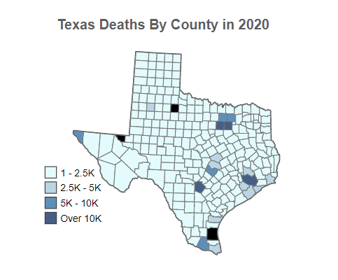 Texas Deaths By County in 2020