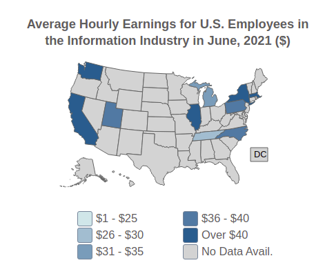 U.S. Average Hourly Earnings For 
                                  Employees in the 
                                  Information
                                  Industry By State in June, 2021