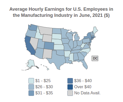 U.S. Average Hourly Earnings For 
                                  Employees in the 
                                  Manufacturing
                                  Industry By State in June, 2021