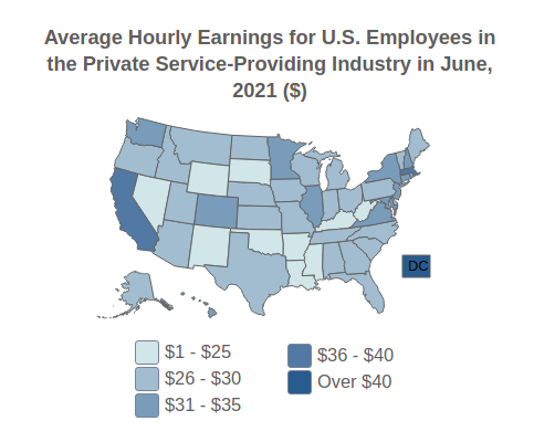 U.S. Average Hourly Earnings For 
                                Employees in the Private Service-Providing 
                                Industry By State in June, 2021