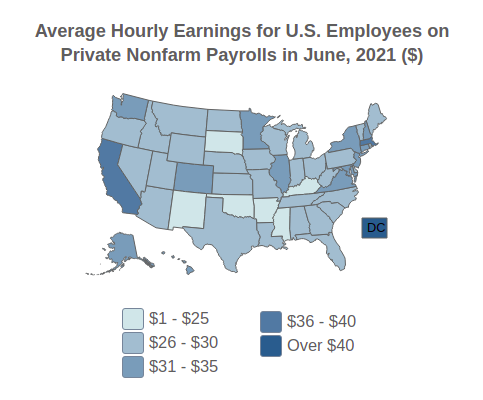 U.S. Average Hourly Earnings For 
                                Private Nonfarm Employees By State in June, 2021