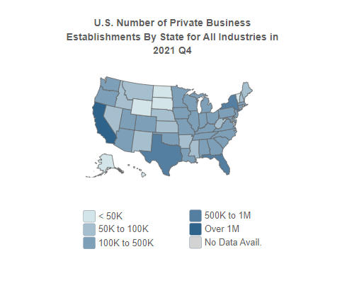 U.S. Number 
                                of Private Business Establishments for All Industries 
                                By State in 2021, Q4 (QCEW)