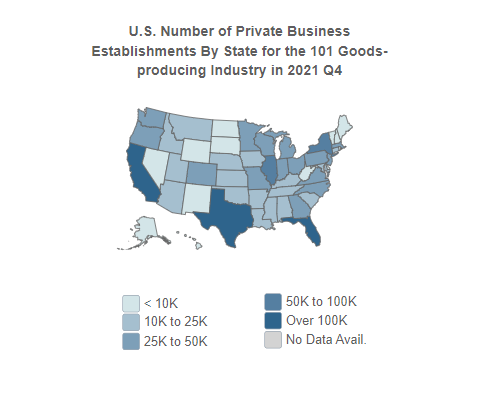 U.S. Number 
                                of Private Business Establishments for the 101 Goods-producing Industry 
                                By State in 2021, Q4 (QCEW)