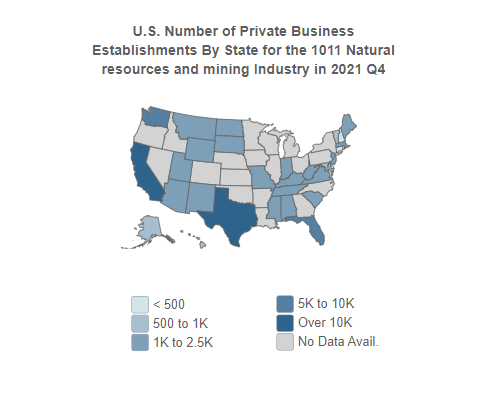 U.S. Number 
                                of Private Business Establishments for the 1011 Natural resources and mining Industry 
                                By State in 2021, Q4 (QCEW)