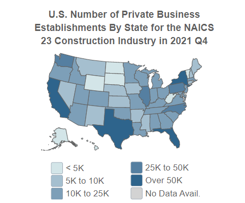 U.S. Number 
                                of Private Business Establishments for the NAICS 23 Construction Industry 
                                By State in 2021, Q4 (QCEW)