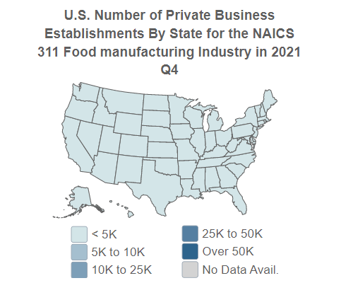 U.S. Number 
                                of Private Business Establishments for the NAICS 311 Food manufacturing Industry 
                                By State in 2021, Q4 (QCEW)