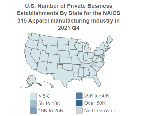 U.S. Number 
                                of Private Business Establishments for the NAICS 315 Apparel manufacturing Industry 
                                By State in 2021, Q4 (QCEW)