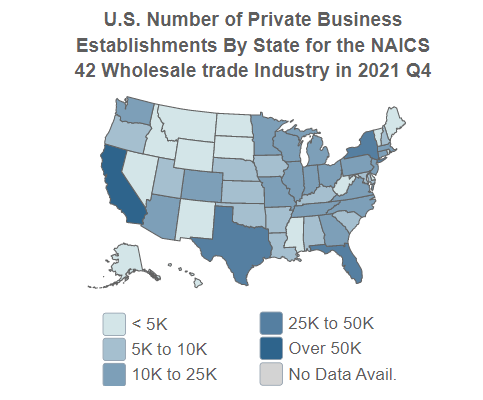 U.S. Number 
                                of Private Business Establishments for the NAICS 42 Wholesale trade Industry 
                                By State in 2021, Q4 (QCEW)