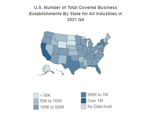 U.S. Number 
                                of Total Business Establishments for All Industries 
                                By State in 2021, Q4 (QCEW)