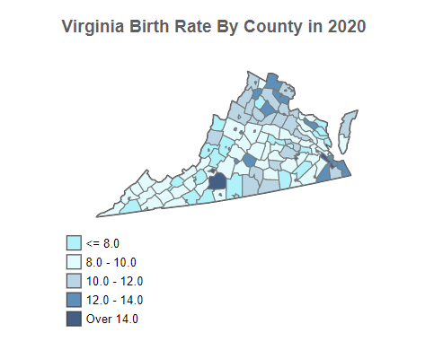 Virginia Birth Rate By County in 2020