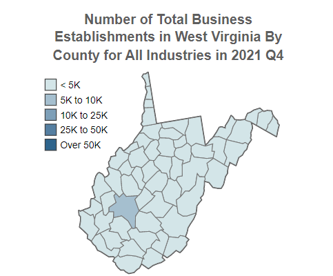 West Virginia Number 
                                  of Total Business Establishments for All Industries 
                                  By County in 2021, Q4 (QCEW)