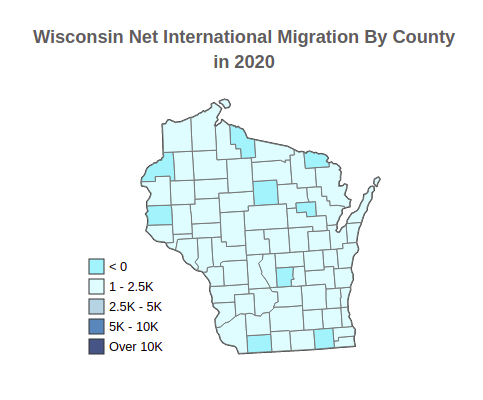 Wisconsin Net International Migration By County in 2020